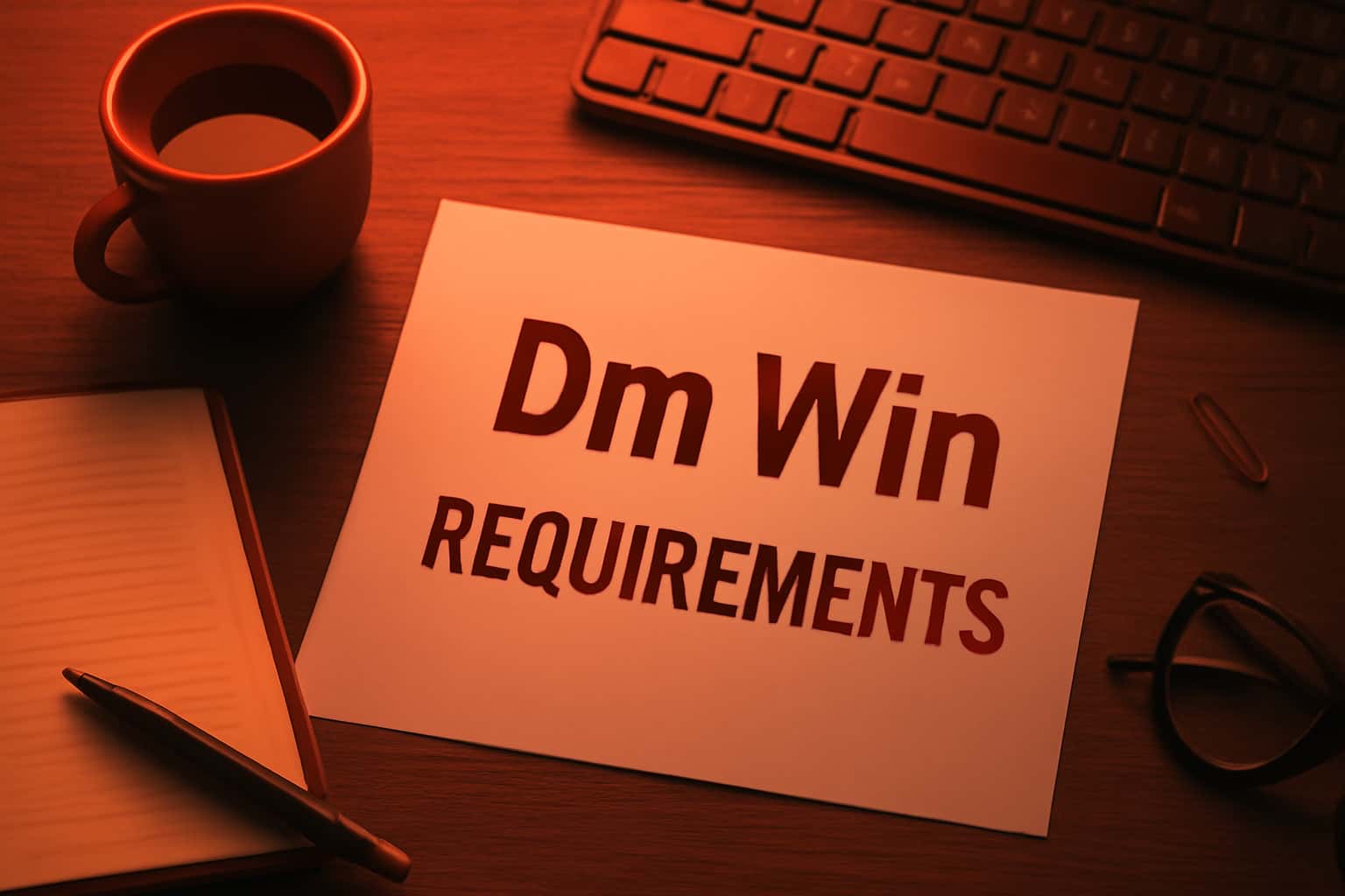 Visual representation of Dm Win Requirements in a tech-themed design.